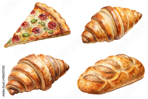 Delicious pizza slice, flaky croissants, fresh bread loaf, golden crusts, appetizing baked goods, food illustration.