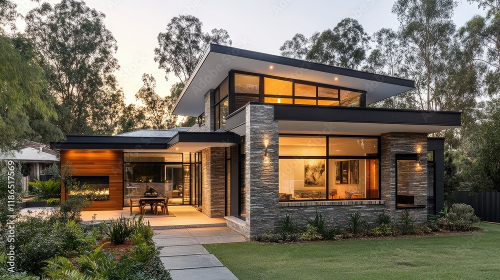 Modern Home Exterior at Dusk: Warm glow through large windows, stone and wood accents, surrounded by lush landscaping. Modern Home Exterior at Dusk: Warm glow through large windows, stone and wood accents, surrounded by lush landscaping.
