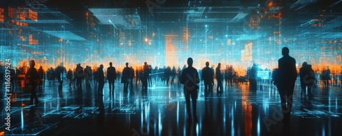 silhouettes of people in a futuristic cityscape, illuminated by glowing lights, representing unity and connection in a digital world, with a misty background filled with blues and oranges photo