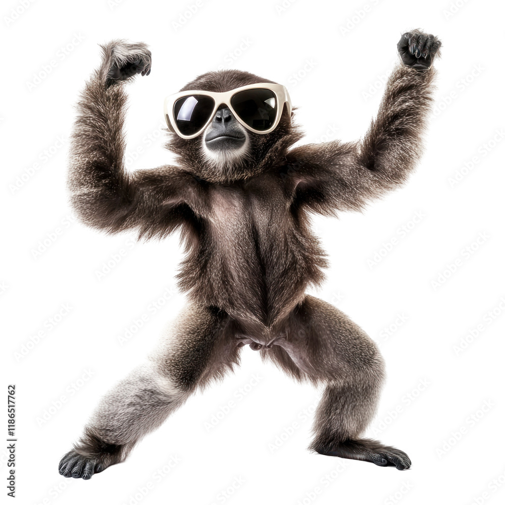 Fototapeta premium Funny Gibbon Dancing in Large Sunglasses for a Playful and Entertaining Image