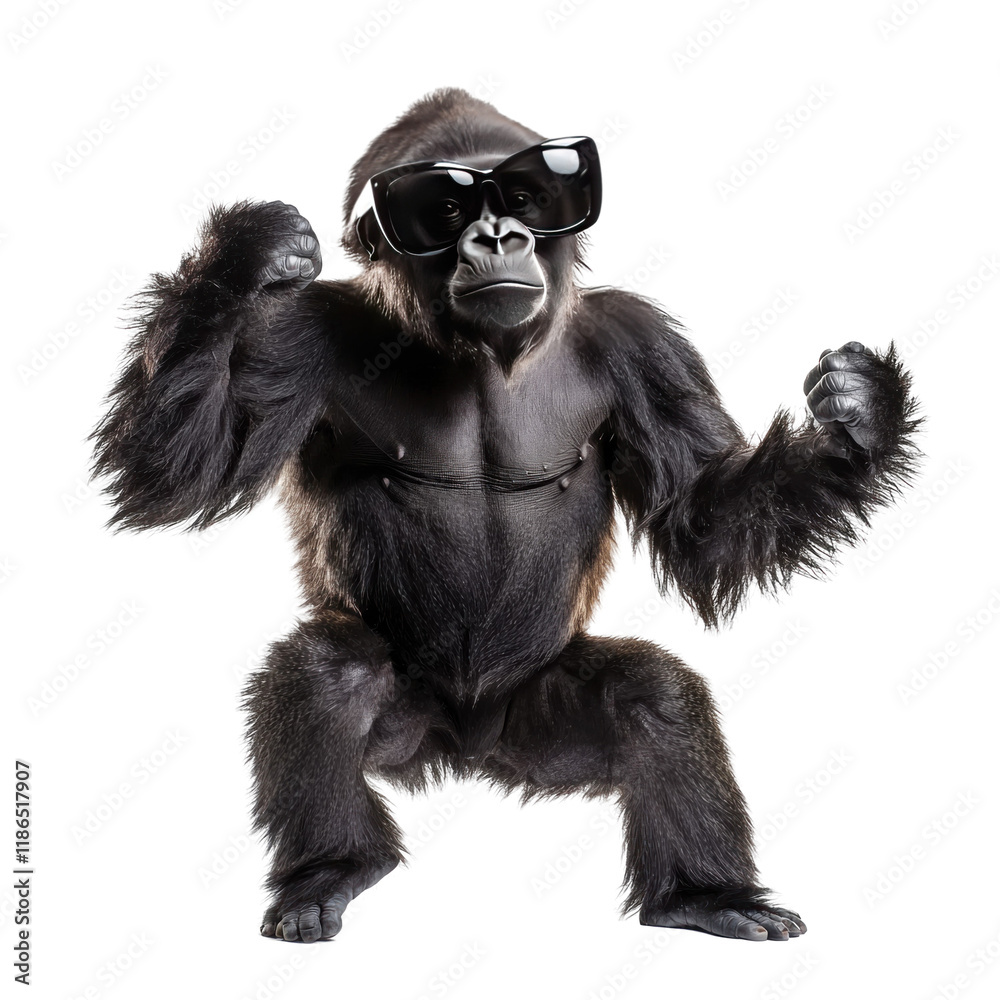 Fototapeta premium Funny Gorilla Dancing in Large Sunglasses on transparent background for Humorous and Entertaining Content