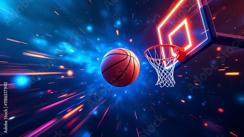 Basketball background. basketball ball flying into the basket with bright blue lights in the background