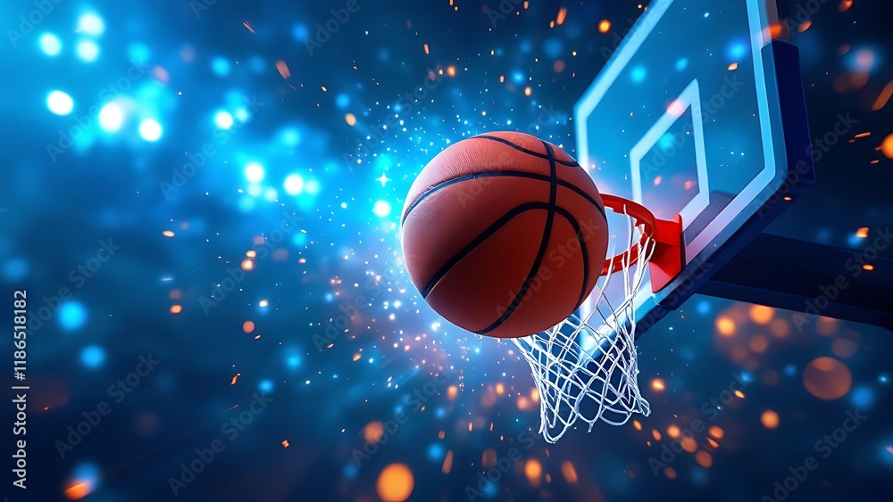 Basketball background. basketball ball flying into the basket with bright blue lights in the background Basketball background. basketball ball flying into the basket with bright blue lights in the background