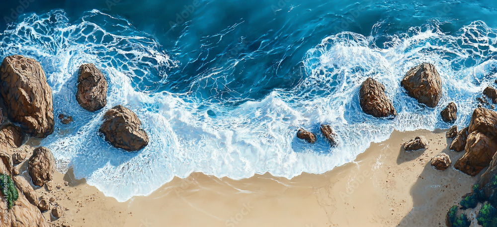Obraz premium Aerial View of Ocean Waves Crashing Against Rocks on a Beach, Photorealistic