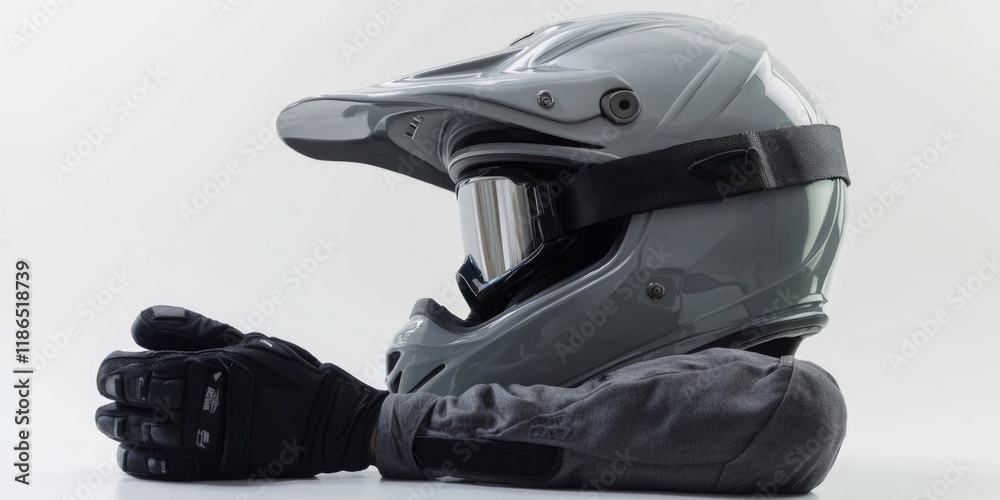 A close-up of a motorcycle helmet and gloves on a white background