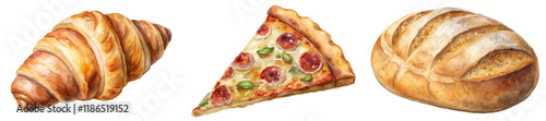 Fresh baked goods, delicious pastries, artisan bread, savory pizza slice, watercolor illustration, food art, culinary delights.