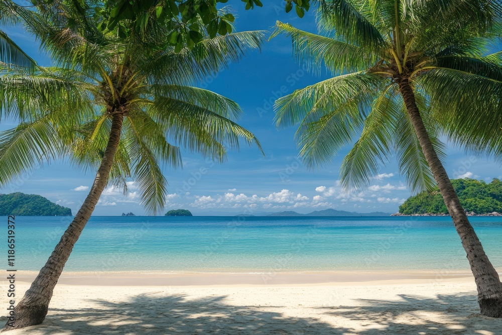 Fototapeta premium Palm trees on the beach on sea and shore or ocean with green leaves looking up toward blue sky for summer tropical resort hotel vacation, travel holiday relaxation time, or Palm Sunday background