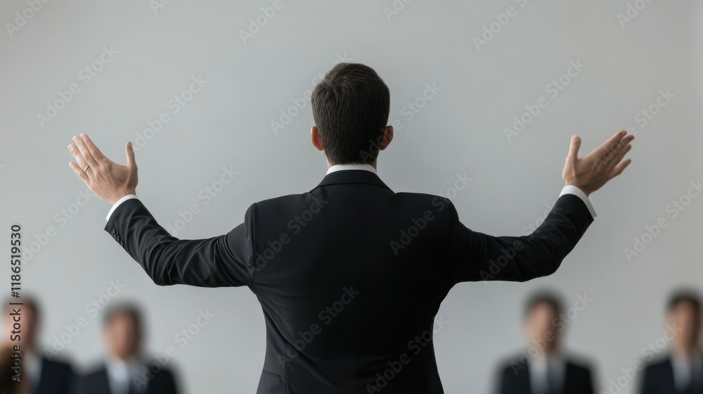 A man in a suit gestures while addressing an audience, focusing on leadership and public speaking in a professional setting. A man in a suit gestures while addressing an audience, focusing on leadership and public speaking in a professional setting.