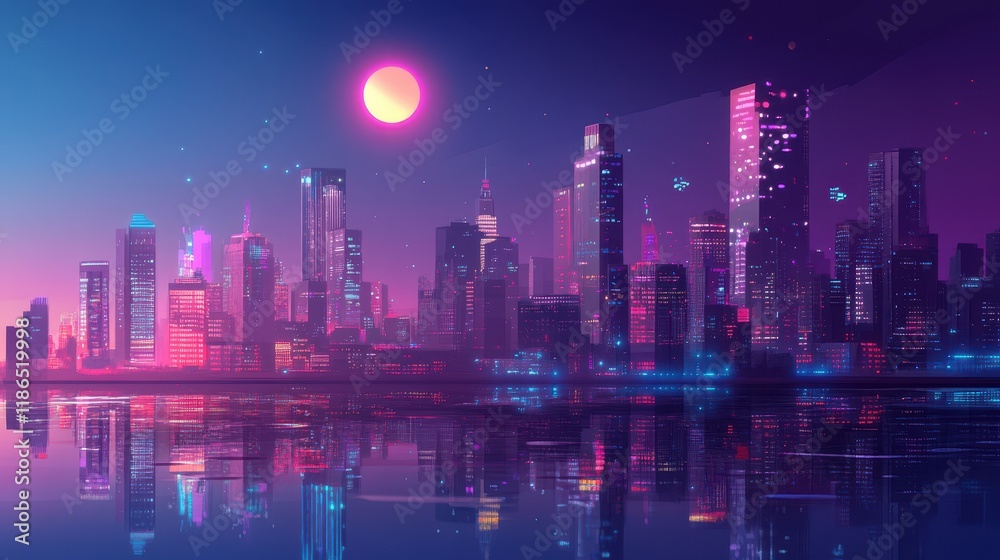 Obraz premium Futuristic Cityscape at Night with Neon Lights Reflecting on Water