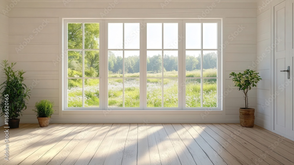 Fototapeta premium Bright and Airy Room with Summer View Through Large Windows Surrounded by Lush Greenery and Natural Light