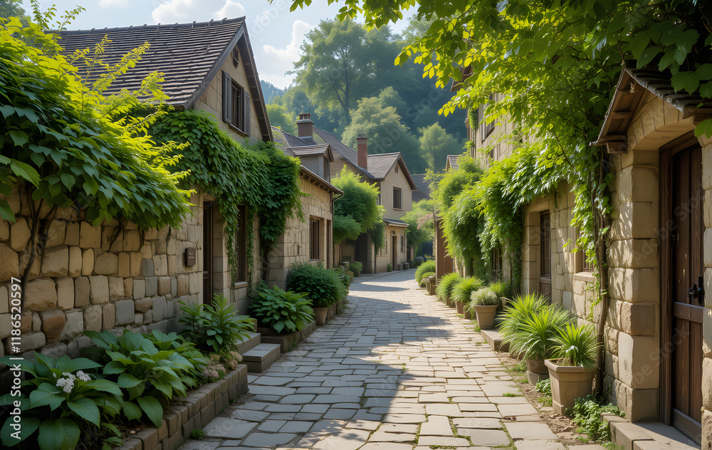 A charming stone alley, enveloped by lush greenery, situated in a tranquil village setting A charming stone alley, enveloped by lush greenery, situated in a tranquil village setting