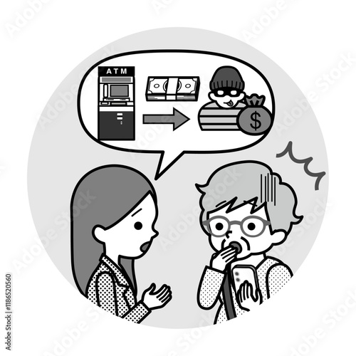 高齢者に振り込め詐欺の説明をするスーツを着た女性　主線あり　モノトーン