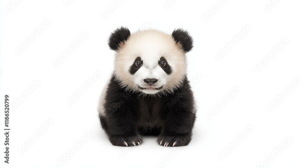 Naklejka premium Adorable panda cub, sitting, facing camera, white background.