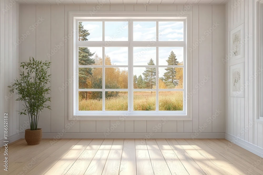 Bright and Serene Empty Room with Large Window Overlooking Lush Summer Landscape and Natural Light Streaming In Bright and Serene Empty Room with Large Window Overlooking Lush Summer Landscape and Natural Light Streaming In