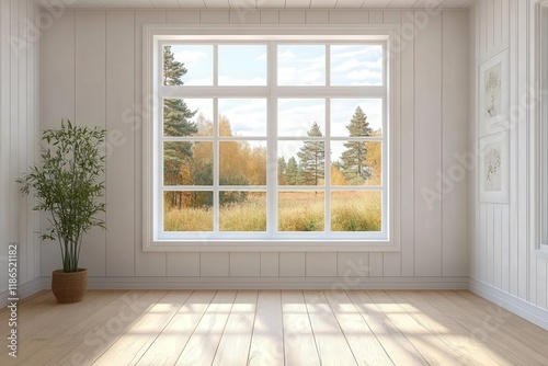 Bright and Serene Empty Room with Large Window Overlooking Lush Summer Landscape and Natural Light Streaming In