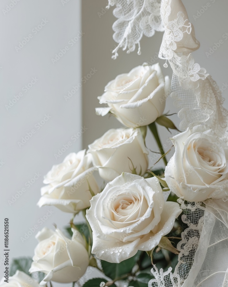 Obraz premium Elegant wedding frame template featuring white roses and lace accents for timeless celebrations