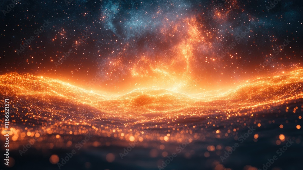 Fiery, glowing landscape with nebula and particles. Fiery, glowing landscape with nebula and particles.
