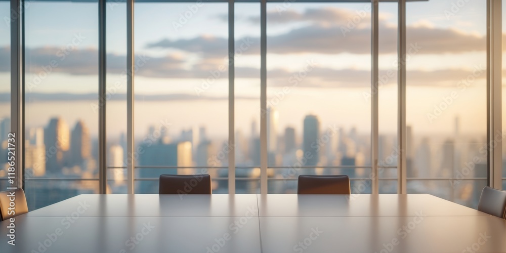 Fototapeta premium Empty meeting table in spacious office at sunrise with city view