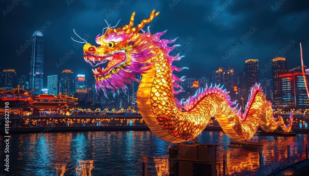 Obraz premium Luminous Dragon Lantern Illuminates Night Cityscape