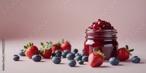 Fresh Berries and Berry Jam Jar on Pink Background photo