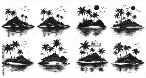 Tropical island with palm trees vector silhouettes, Palm trees and beach hut silhouettes icons, Tropical beach landscape with sun and palm trees, Beautiful tropical beach hut and palm tree silhouettes