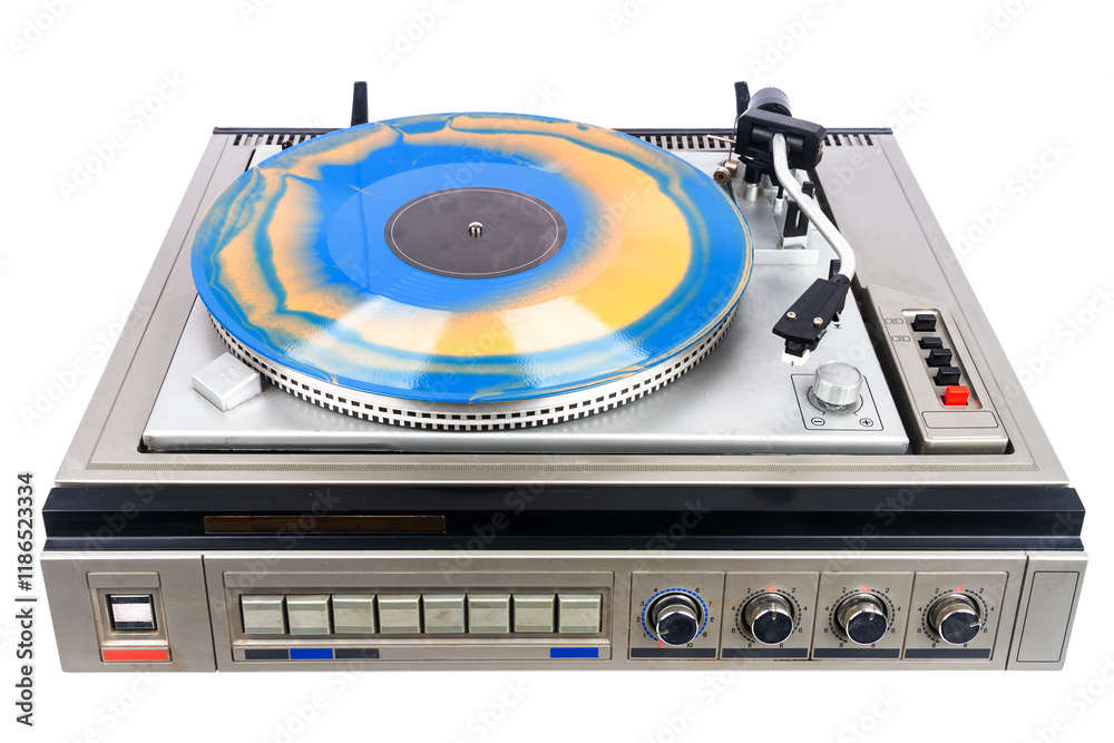 Fototapeta premium Vintage turntable record player with blue and orange vinyl isolated on white background.
