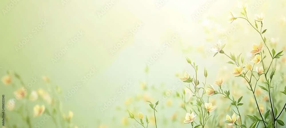 Soft Yellow Wildflowers on a Gentle Green Background, Spring Floral Background, Nature Wallpaper. Soft Yellow Wildflowers on a Gentle Green Background, Spring Floral Background, Nature Wallpaper.