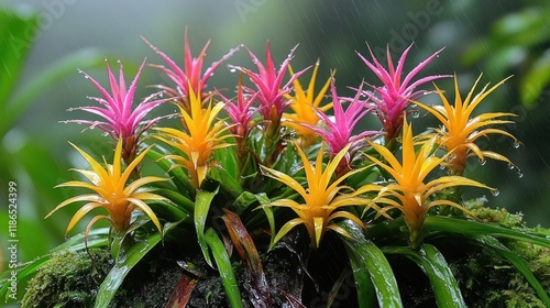 Colorful rainforest bromeliads in the rain on mossy rock.
