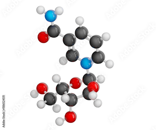 Nicotinamide Riboside. Form of Vitamin B3. Model of a molecule. Molecular formula: C11H15N2O5. Chemical model: Ball and stick. Isolated. Transparent background. PNG. 3D illustration photo