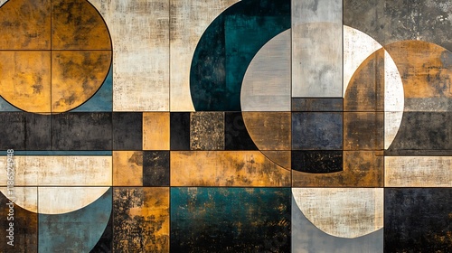 Abstract geometric wall art with metallic and earthy tones.