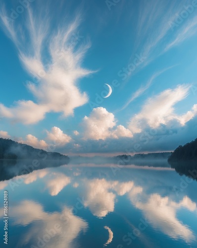 Idyllic cloudscape reflected on serene water with crescent moon photo