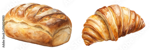 Freshly baked bread, golden crust, watercolor illustration, artisanal loaf, flaky croissant, delicious pastries, food art.
