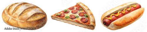 Freshly baked bread, delicious pizza slice, classic hot dog, vibrant food illustration, appetizing culinary art.