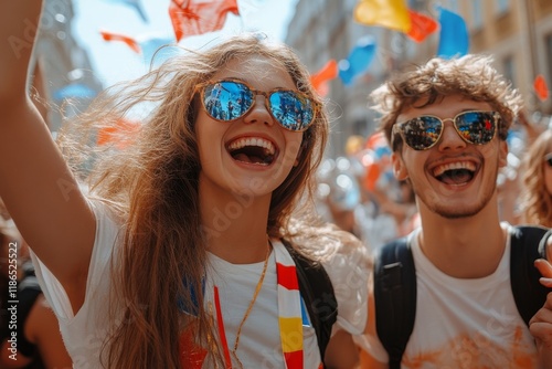 Cheerful sports fans have fun while celebrating on street during world football championship. Generative AI