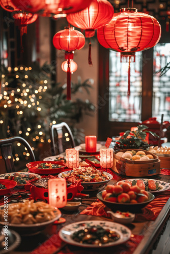 Wallpaper Mural Chinese New Year paper cutting, serene family dinner setting, traditional dishes on the table, warm lighting, harmonious atmosphere Torontodigital.ca