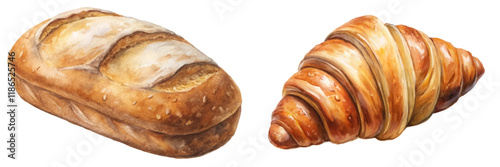 Freshly baked bread, golden croissant, artisanal pastries, watercolor illustration, food styling, culinary art.