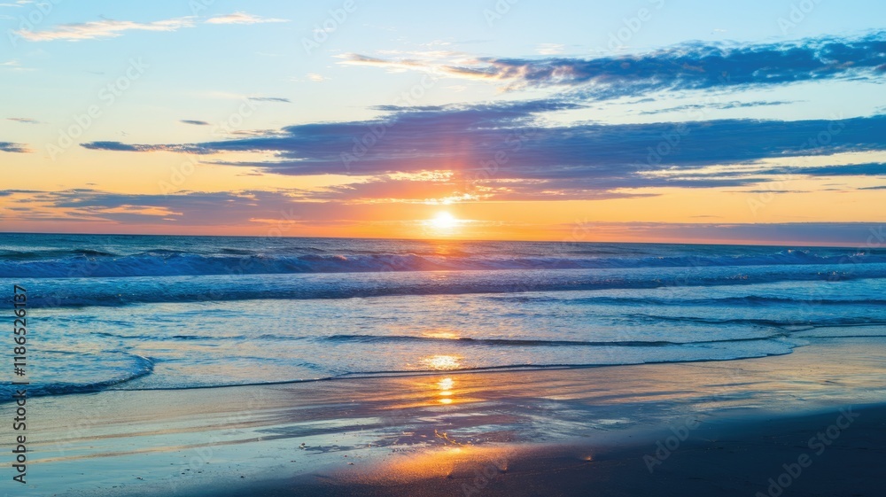 Serene sunset over the ocean, waves gently lapping the shore, painting the sky with vibrant colors. Serene sunset over the ocean, waves gently lapping the shore, painting the sky with vibrant colors.