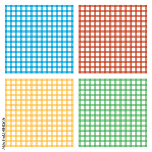 Geometric checkered seamless pattern. Traditional square checkered background collection, blue, red, green, yellow. Checkered wallpaper print, checkered mosaic grid, tartan texture set.