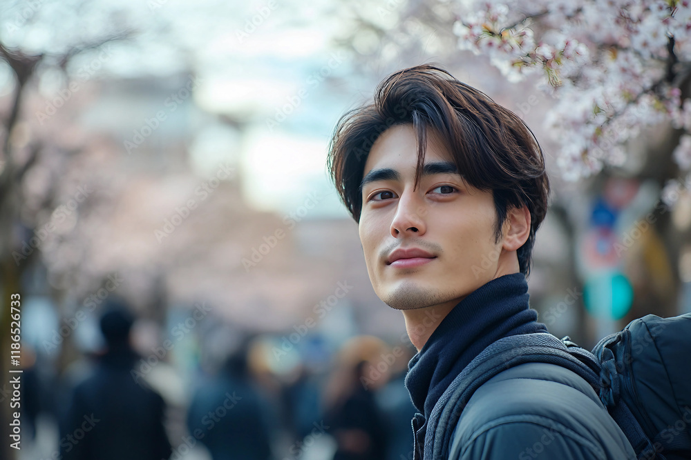Generative AI portrait of a young Asian person enjoying spring serene moment in a blooming Japanese park Generative AI portrait of a young Asian person enjoying spring serene moment in a blooming Japanese park