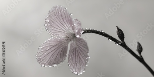 Pink flower with delicate petals covered in fresh water drops blooming on a branch photo