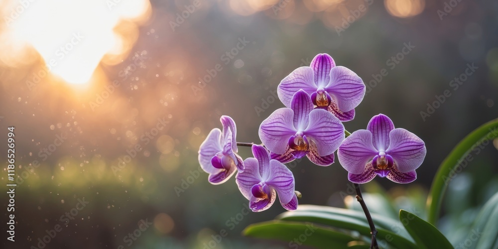 Naklejka premium Purple orchids blooming garden sunrise background