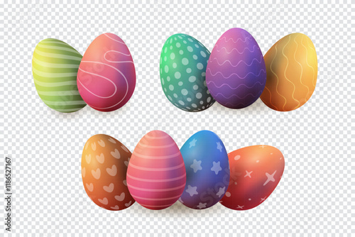 3d Easter voluminous eggs, composition elements, realistic and multicolored , vector illustration
