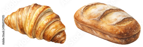 Freshly baked croissant, artisanal bread, watercolor illustration, food photography, culinary art, bakery products.