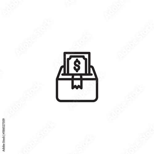 A dollar bill icon sticking out of a box. Represents financial donation, money collection, or charitable contributions. Simple line art design.