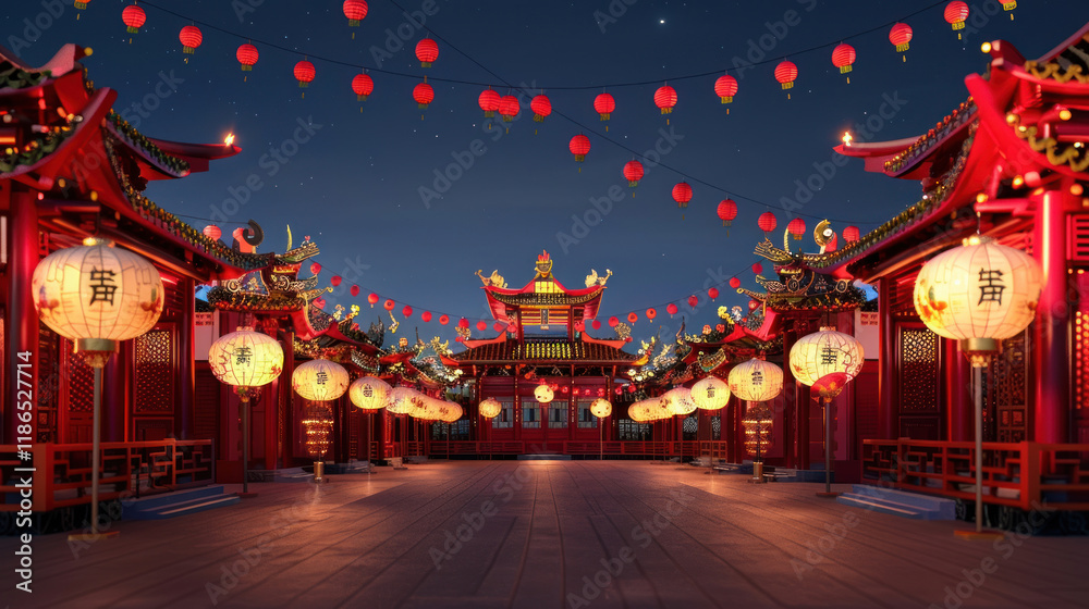 Fototapeta premium Chinese New Year parade, vibrant festival with red and gold lanterns, traditional Chinese architecture, celebratory atmosphere, detailed design elements