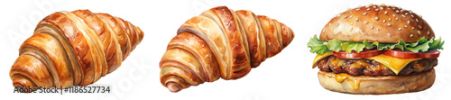 Freshly baked croissants, delicious burger, golden crust, appetizing food illustration, watercolor style, culinary art.
