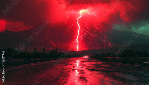 Cloudy thunder sky natural lighting, red lightening generated.AI