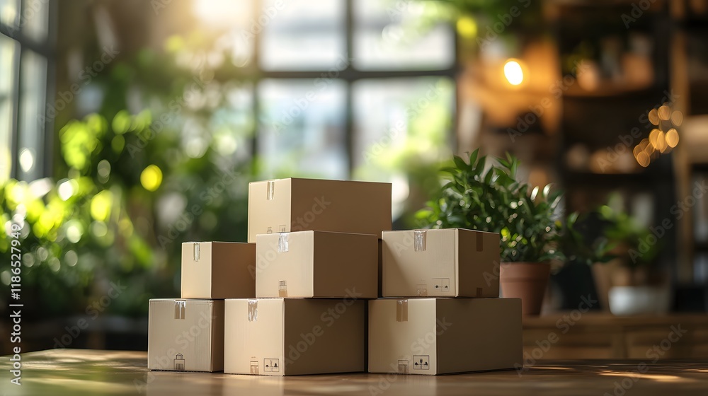 Stacked brown cardboard boxes occupy wooden table with blurred modern office and window light behind, creating minimalist delivery-themed composition with plant silhouettes. Stacked brown cardboard boxes occupy wooden table with blurred modern office and window light behind, creating minimalist delivery-themed composition with plant silhouettes.