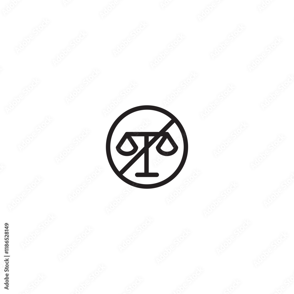 A scale icon crossed out within a circle. Represents injustice, prohibition of fairness, or lack of balance. Simple line art design. A scale icon crossed out within a circle. Represents injustice, prohibition of fairness, or lack of balance. Simple line art design.