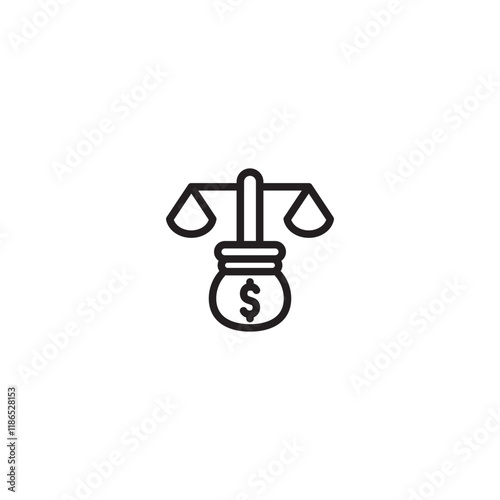 A scale icon balanced on a money bag with a dollar sign. Represents fair financial decisions, balanced budgets, or equal economic opportunities. Simple line art design.